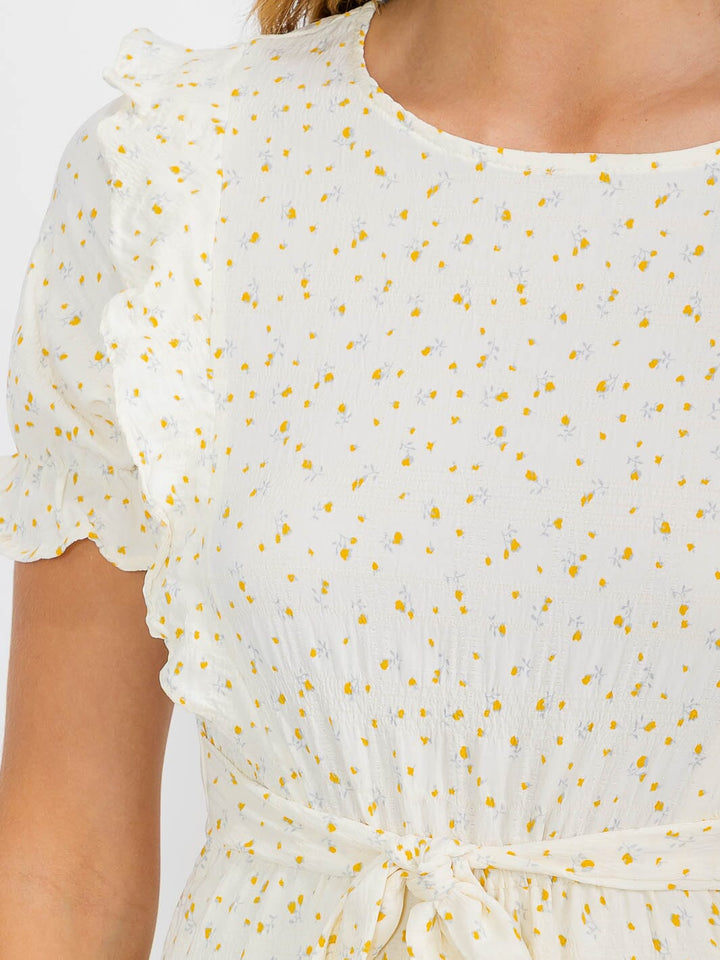 WOMEN'S SHORT SLEEVE ELASTIC WAIST SELF TIE FLOWER PRINT MIDI DRESS
