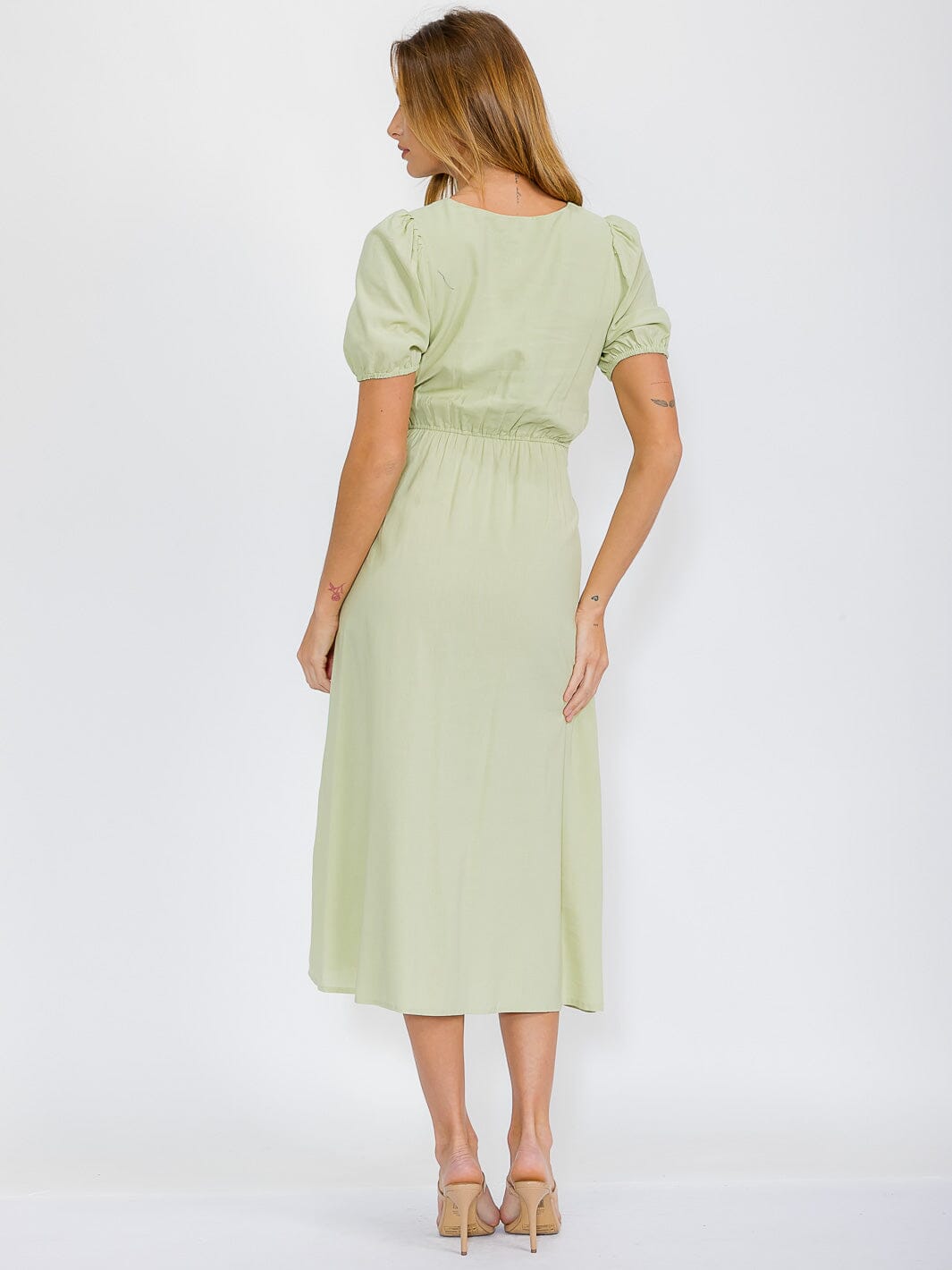 WOMEN'S SHORT SLEEVES BUTTON UP SELF TIE ELASTIC WAIST MAXI DRESS