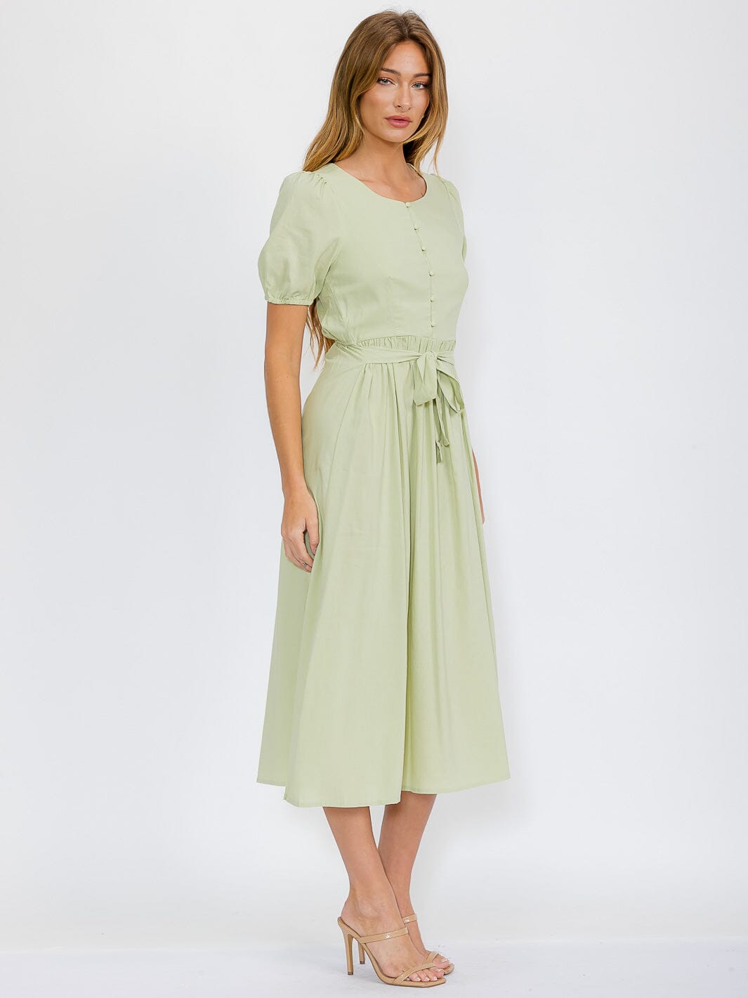 WOMEN'S SHORT SLEEVES BUTTON UP SELF TIE ELASTIC WAIST MAXI DRESS