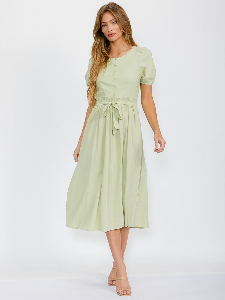 WOMEN'S SHORT SLEEVES BUTTON UP SELF TIE ELASTIC WAIST MAXI DRESS