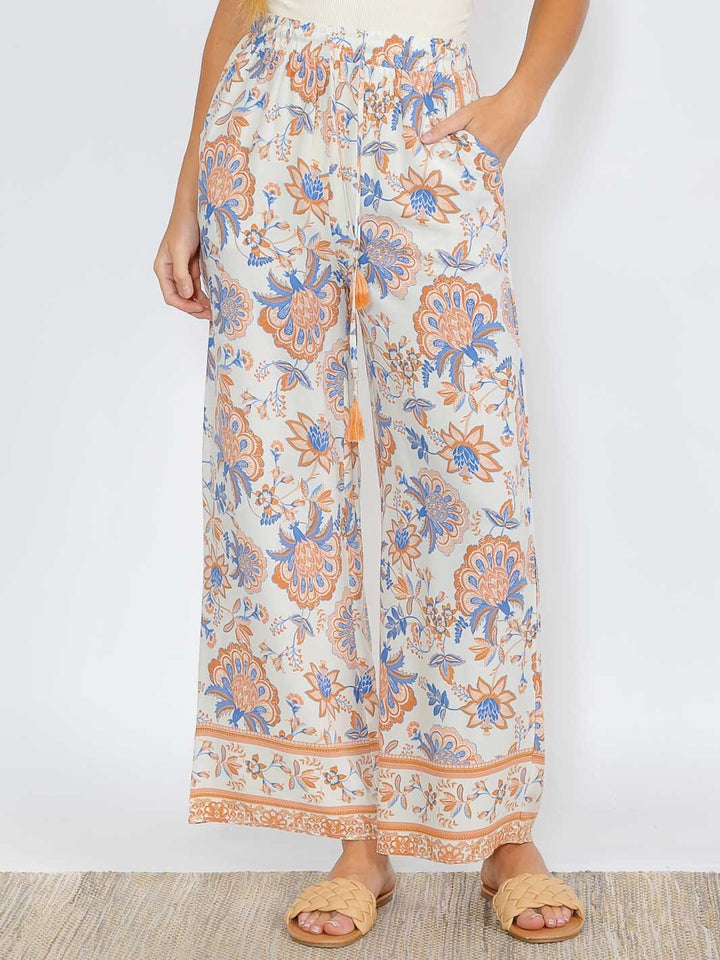 WOMEN'S ELASTIC WAIST FRONT POCKETS FLORAL PRINT PALAZZO PANTS