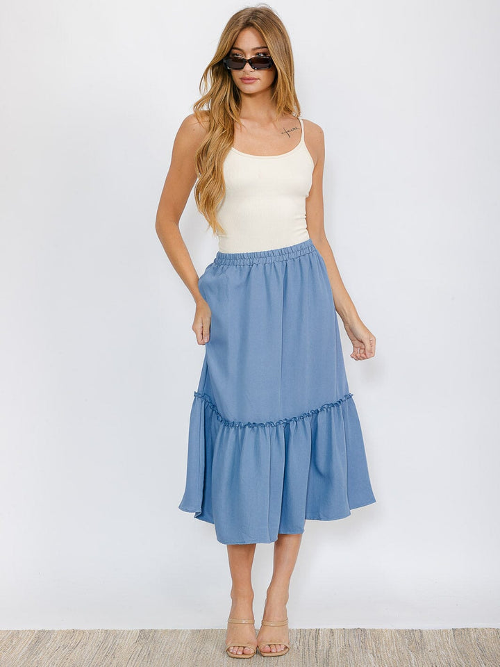 WOMEN'S ELASTIC WAIST RUFFLE BOTTOM HEM MIDI SKIRT