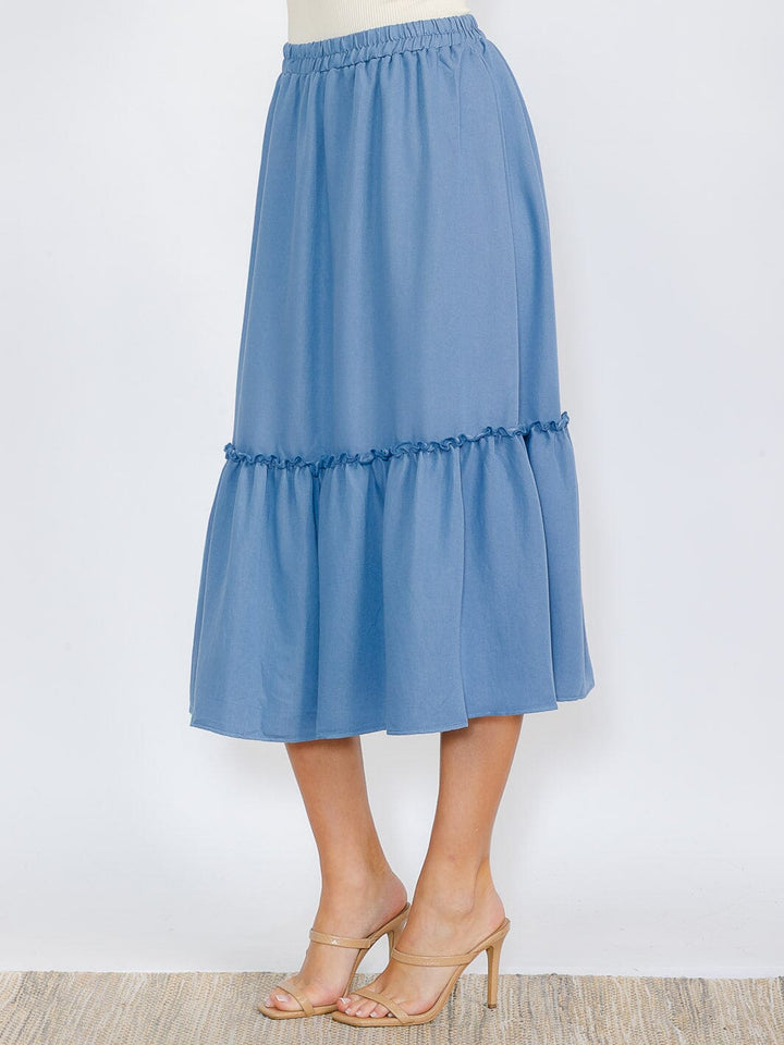 WOMEN'S ELASTIC WAIST RUFFLE BOTTOM HEM MIDI SKIRT