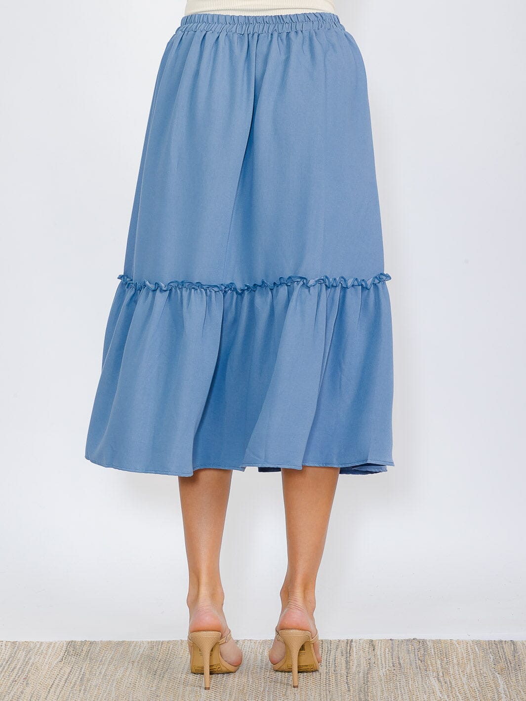 WOMEN'S ELASTIC WAIST RUFFLE BOTTOM HEM MIDI SKIRT