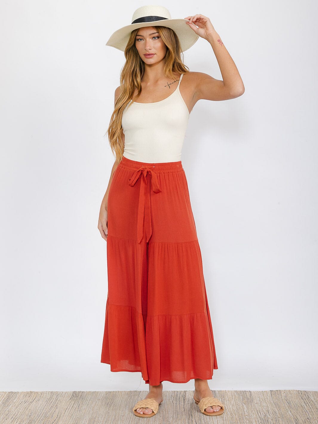 WOMEN'S ELASTIC WAIST TIERED SELF TIE PALAZZO PANTS
