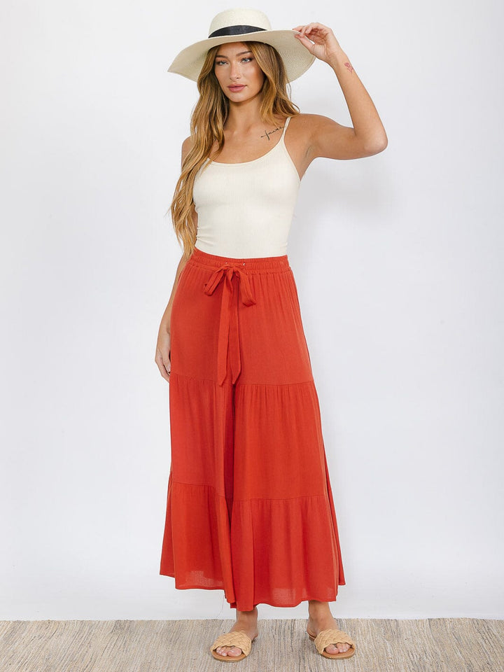 WOMEN'S ELASTIC WAIST TIERED SELF TIE PALAZZO PANTS