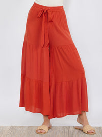 WOMEN'S ELASTIC WAIST TIERED SELF TIE PALAZZO PANTS