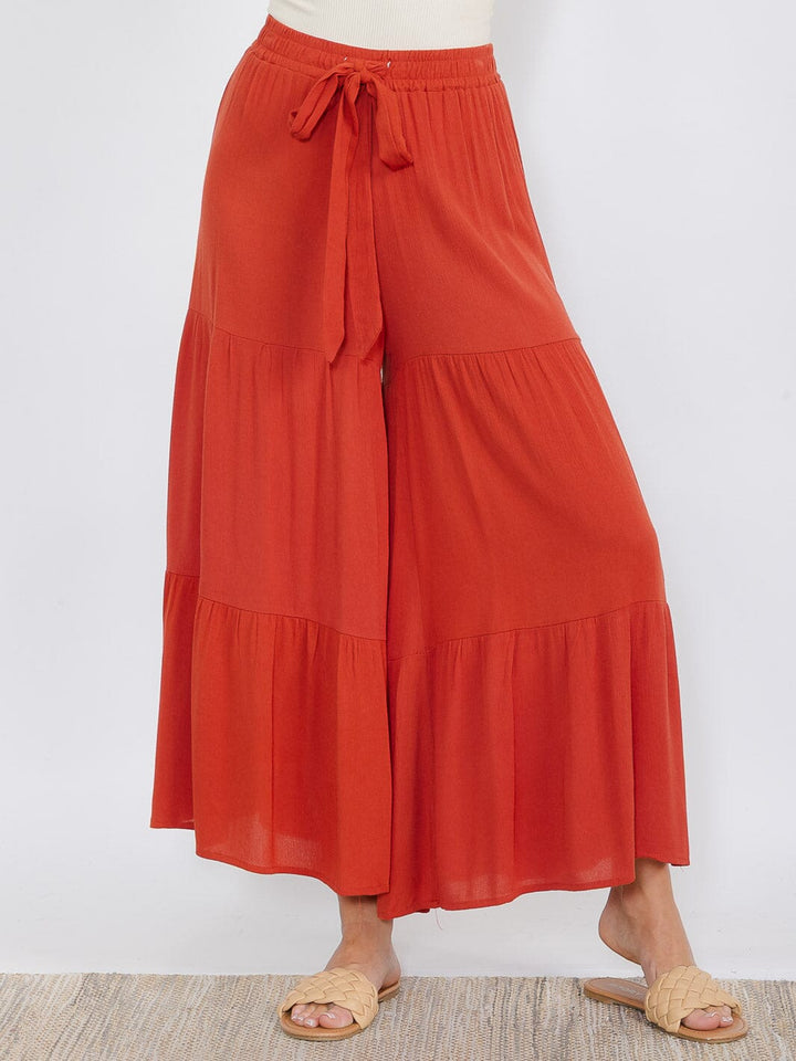 WOMEN'S ELASTIC WAIST TIERED SELF TIE PALAZZO PANTS