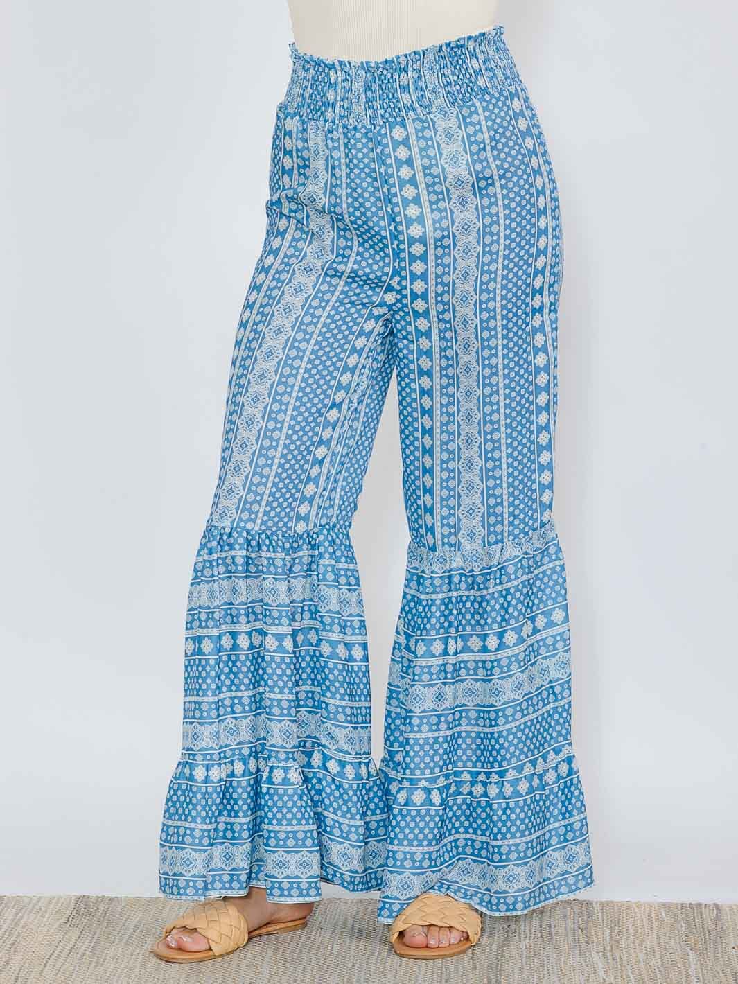 WOMEN'S ELASTIC WAIST COLORBLOCK PRINTED PALAZZO PANTS