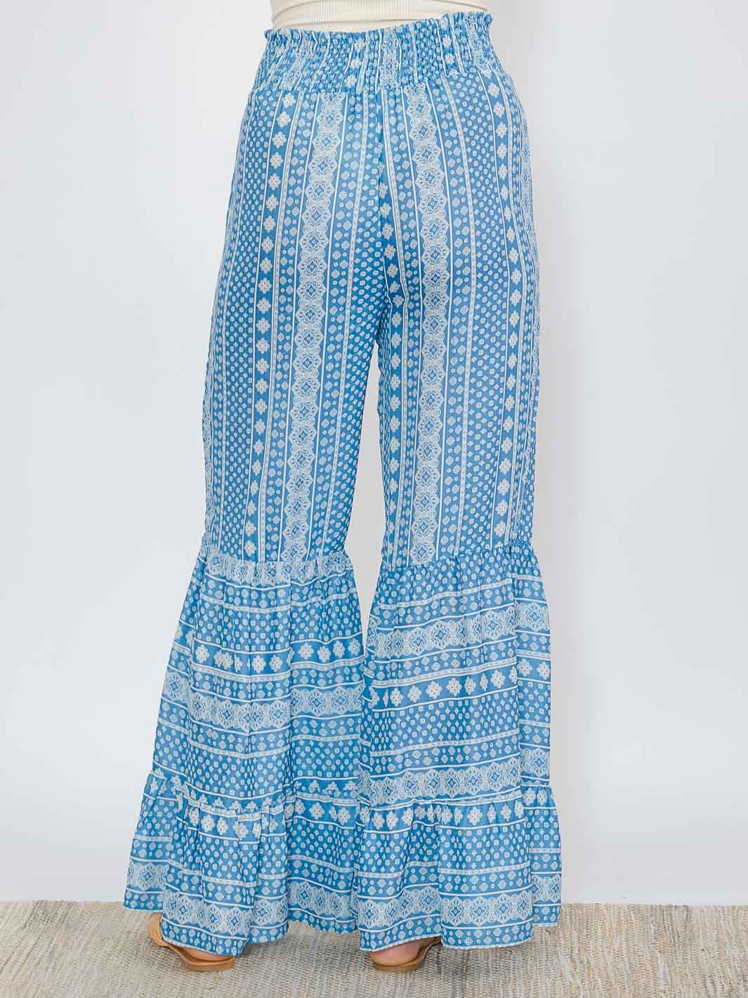 WOMEN'S ELASTIC WAIST COLORBLOCK PRINTED PALAZZO PANTS
