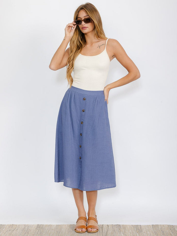 WOMEN'S ELASTIC WAIST BUTTON CLOSURE LINEN MIDI SKIRT