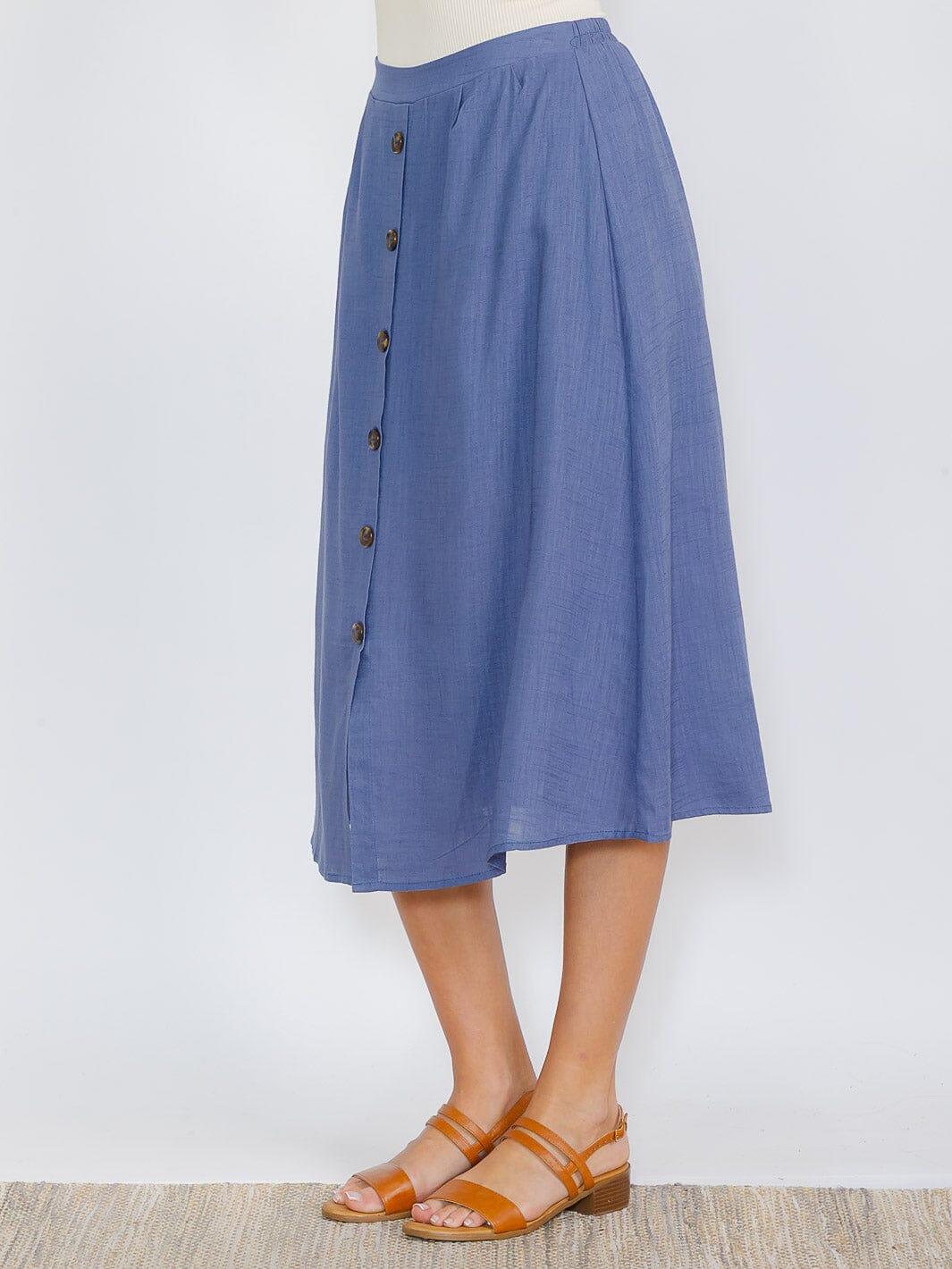 WOMEN'S ELASTIC WAIST BUTTON CLOSURE LINEN MIDI SKIRT