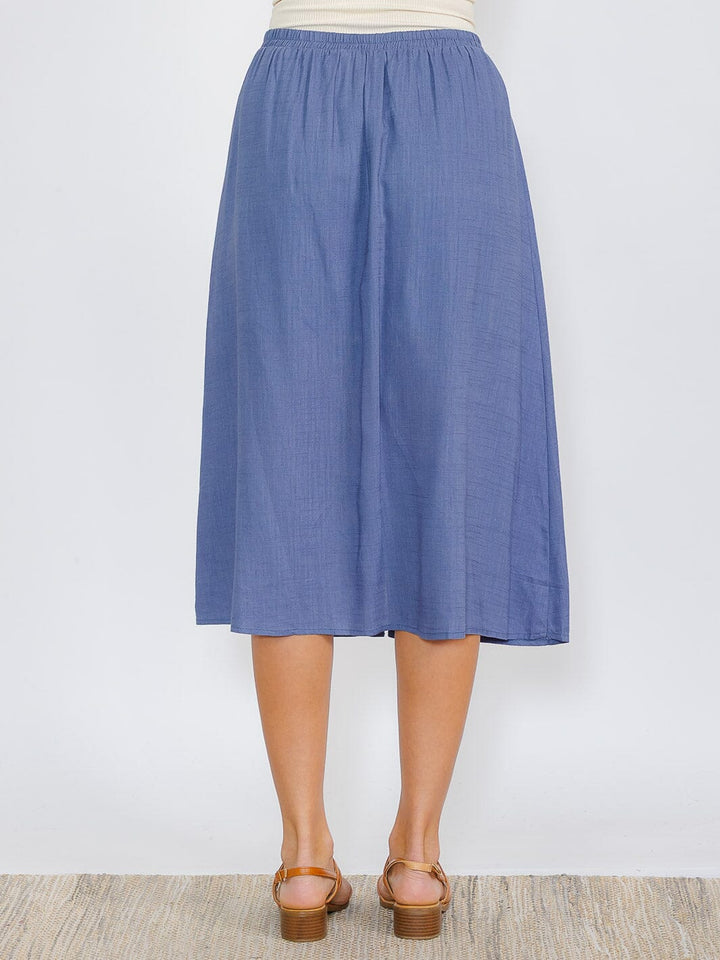 WOMEN'S ELASTIC WAIST BUTTON CLOSURE LINEN MIDI SKIRT