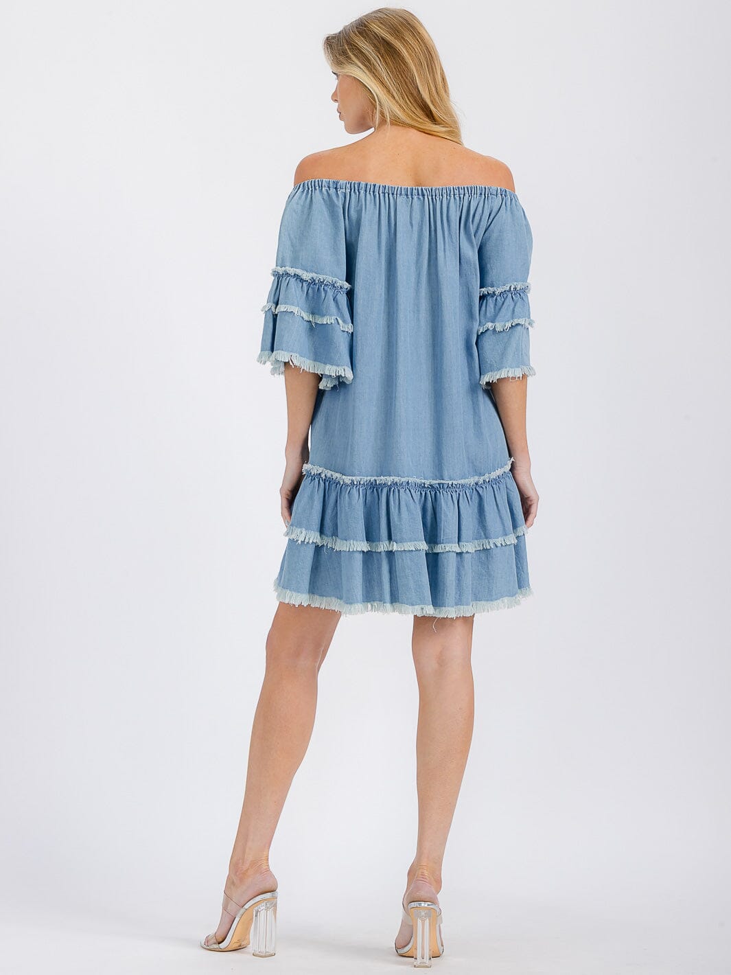 WOMEN'S SHORT SLEEVE OFF SHOULDER RUFFLE TIERED TUNIC CHAMBRAY MINI DRESS