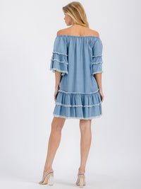 WOMEN'S SHORT SLEEVE OFF SHOULDER RUFFLE TIERED TUNIC CHAMBRAY MINI DRESS