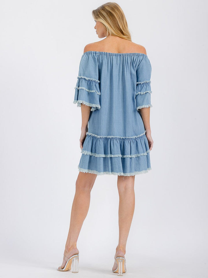 WOMEN'S SHORT SLEEVE OFF SHOULDER RUFFLE TIERED TUNIC CHAMBRAY MINI DRESS