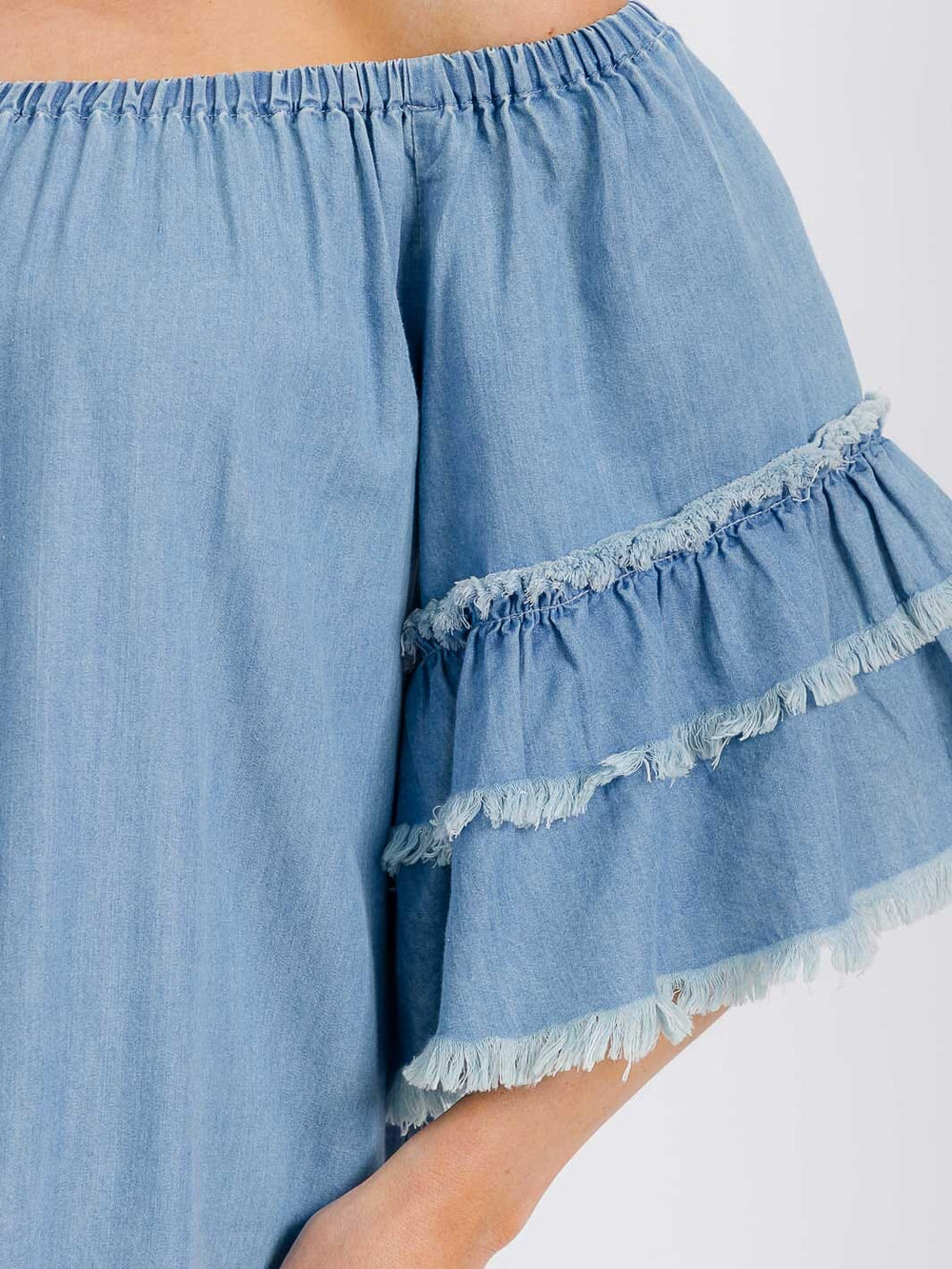WOMEN'S SHORT SLEEVE OFF SHOULDER RUFFLE TIERED TUNIC CHAMBRAY MINI DRESS