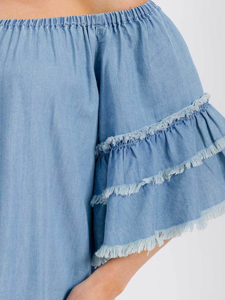 WOMEN'S SHORT SLEEVE OFF SHOULDER RUFFLE TIERED TUNIC CHAMBRAY MINI DRESS