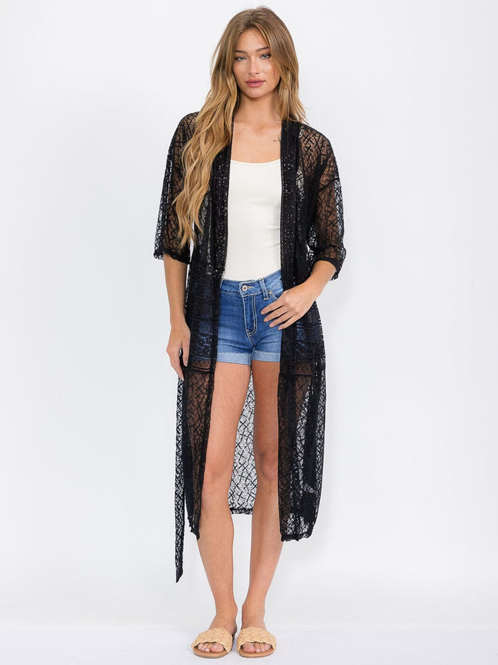 WOMEN'S SHORT SLEEVE SELF TIE LACE KIMONO