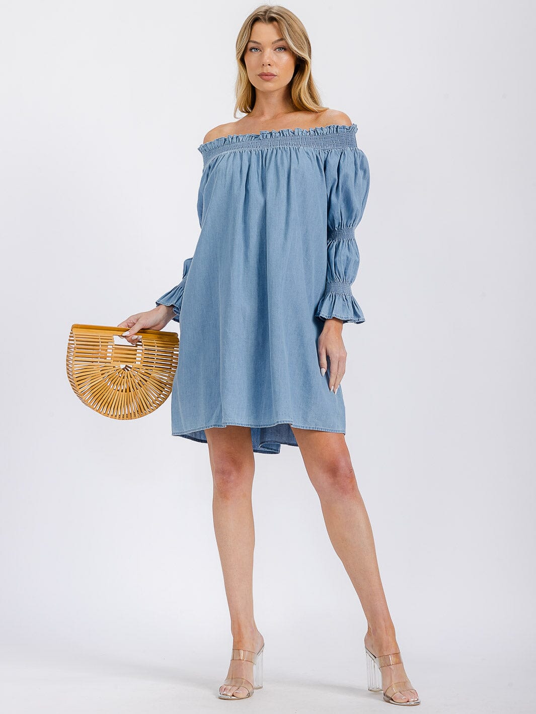 WOMEN'S LONG SLEEVE OFF SHOULDER TUNIC CHAMBRAY MINI DRESS
