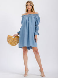 WOMEN'S LONG SLEEVE OFF SHOULDER TUNIC CHAMBRAY MINI DRESS