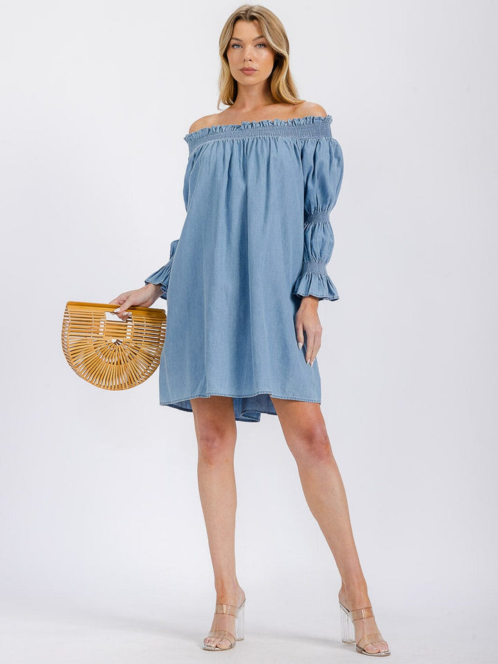 WOMEN'S LONG SLEEVE OFF SHOULDER TUNIC CHAMBRAY MINI DRESS