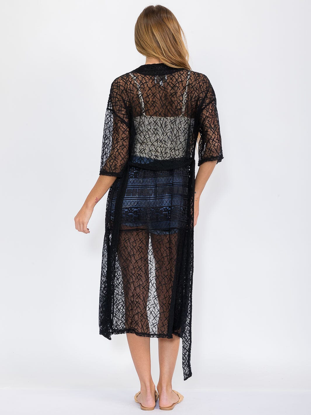 WOMEN'S SHORT SLEEVE SELF TIE LACE KIMONO