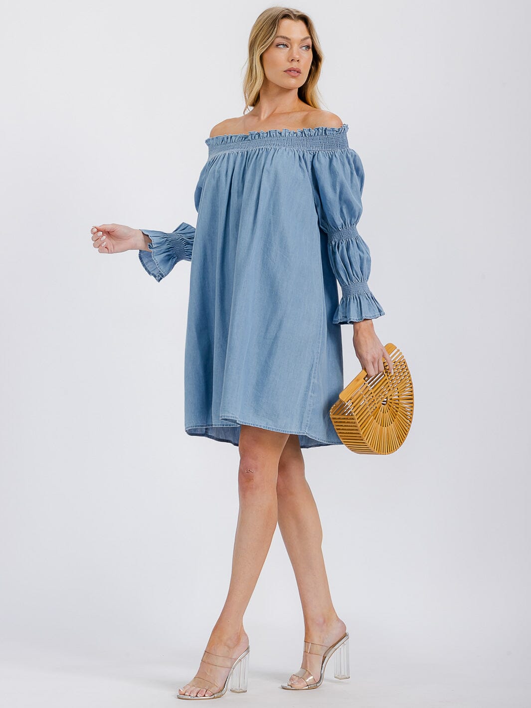 WOMEN'S LONG SLEEVE OFF SHOULDER TUNIC CHAMBRAY MINI DRESS