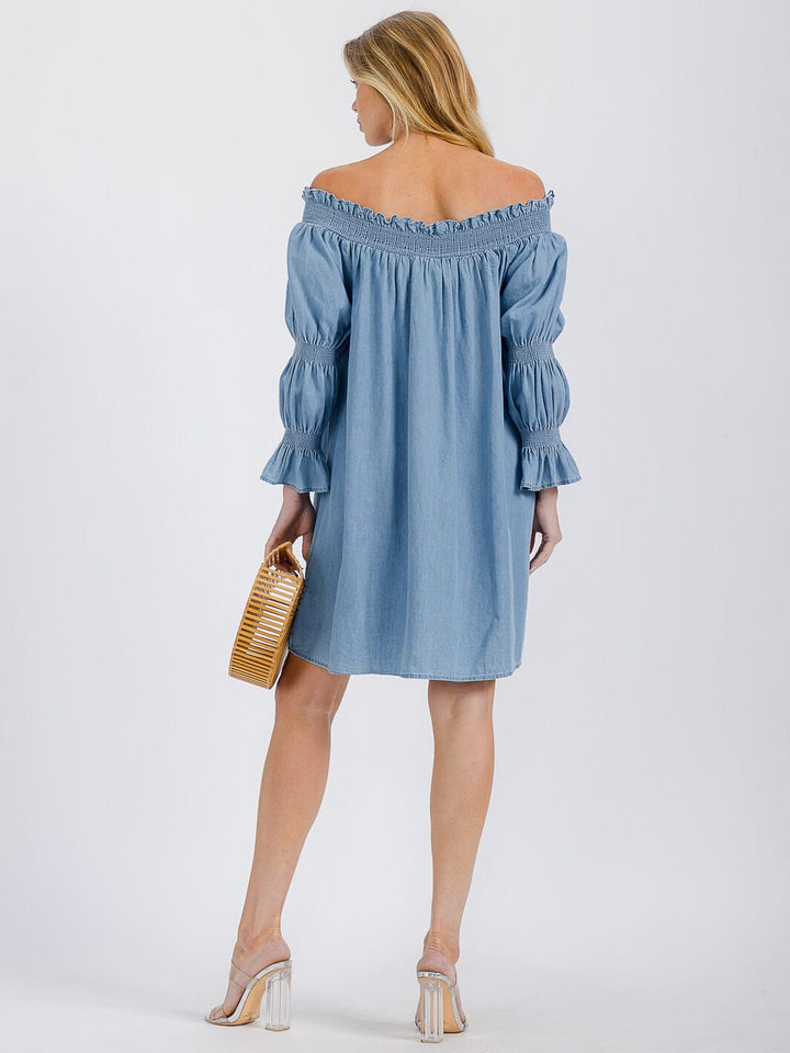 WOMEN'S LONG SLEEVE OFF SHOULDER TUNIC CHAMBRAY MINI DRESS