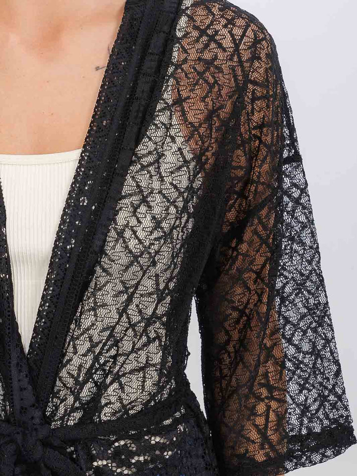 WOMEN'S SHORT SLEEVE SELF TIE LACE KIMONO