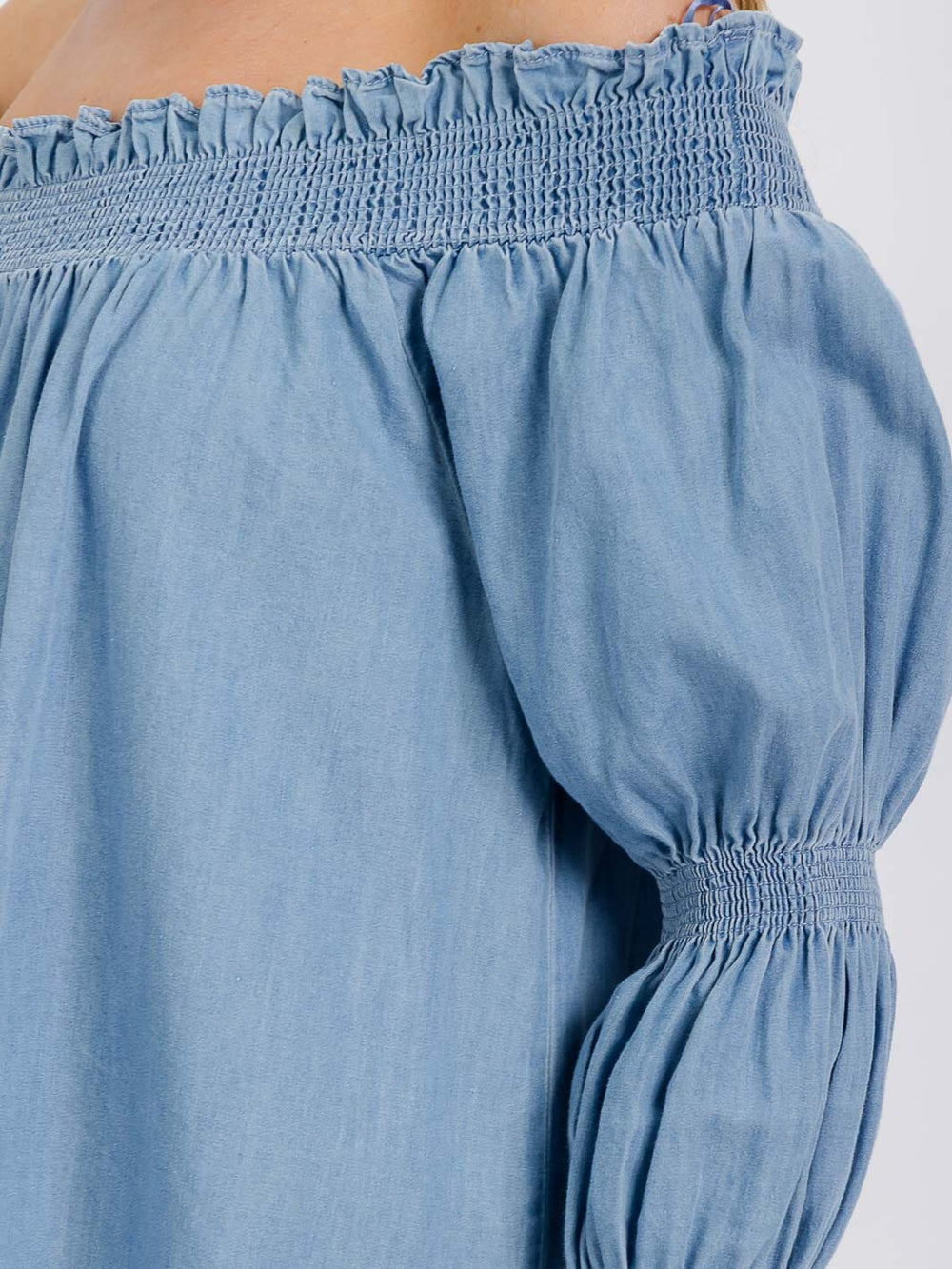 WOMEN'S LONG SLEEVE OFF SHOULDER TUNIC CHAMBRAY MINI DRESS