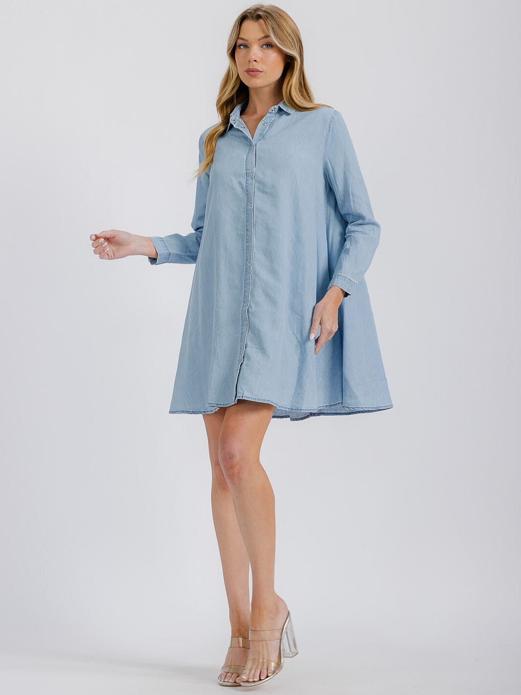 WOMEN'S 3/4 SLEEVE FRONT POCKETS WASHED TUNIC DENIM MINI DRESS (Copy)