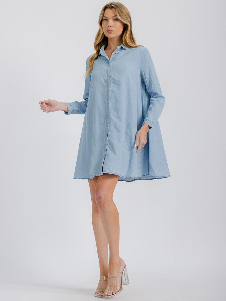 WOMEN'S 3/4 SLEEVE FRONT POCKETS WASHED TUNIC DENIM MINI DRESS (Copy)