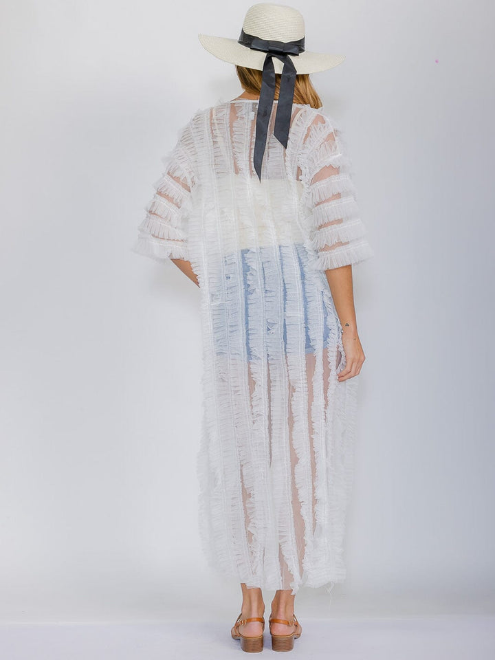 WOMEN'S SHORT SLEEVE OPEN FRONT TIERED RUFFLE KIMONO