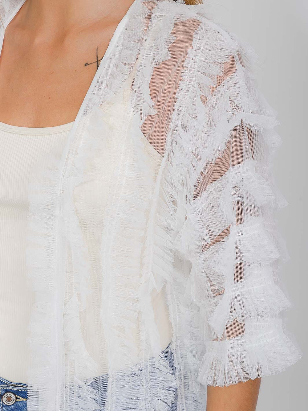 WOMEN'S SHORT SLEEVE OPEN FRONT TIERED RUFFLE KIMONO