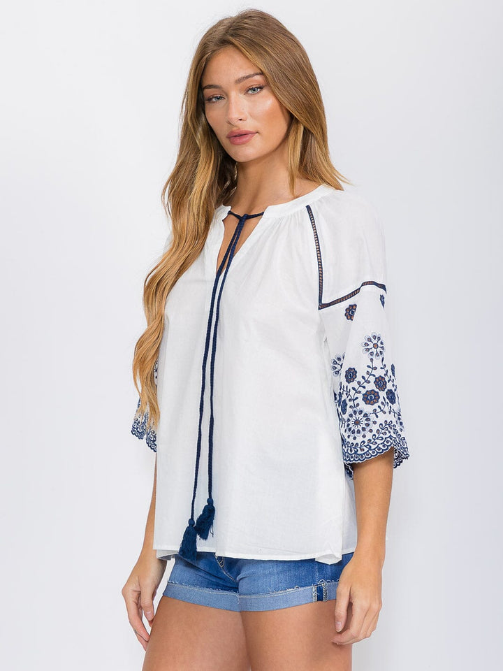 WOMEN'S SHORT SLEEVE V-NECK EMBROIDERY TUNIC BLOUSE