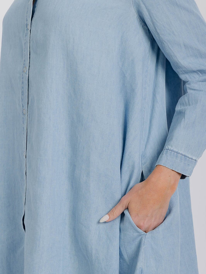 WOMEN'S 3/4 SLEEVE FRONT POCKETS WASHED TUNIC DENIM MINI DRESS (Copy)