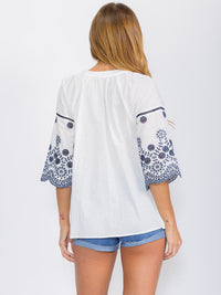 WOMEN'S SHORT SLEEVE V-NECK EMBROIDERY TUNIC BLOUSE