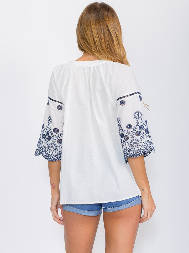WOMEN'S SHORT SLEEVE V-NECK EMBROIDERY TUNIC BLOUSE