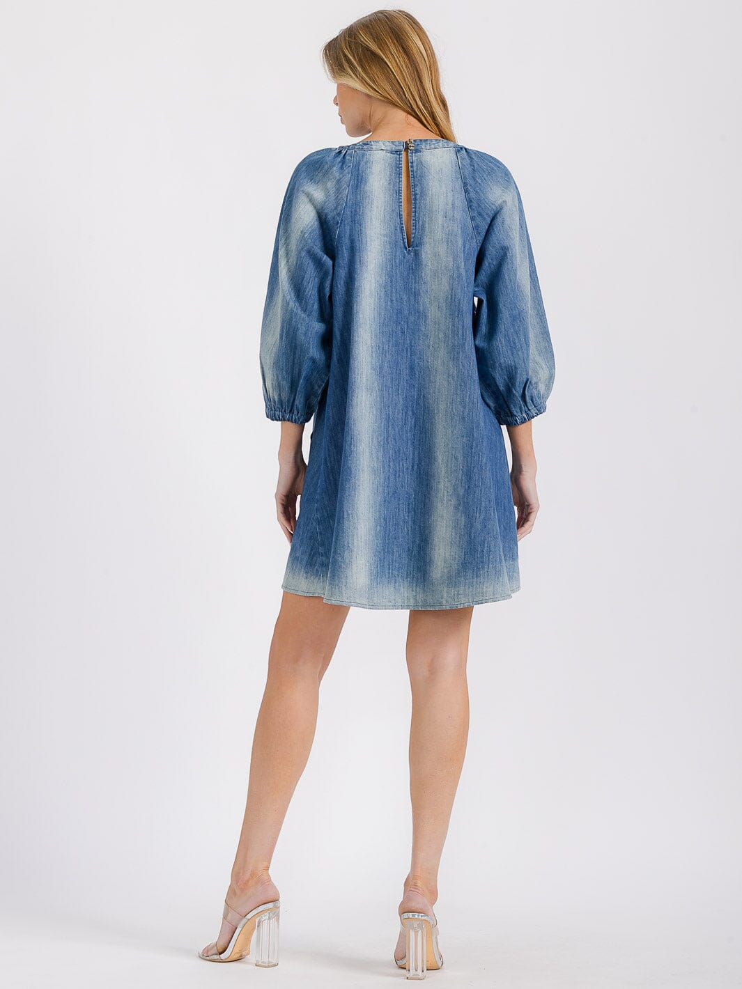 WOMEN'S 3/4 SLEEVE FRONT POCKETS WASHED TUNIC DENIM MINI DRESS