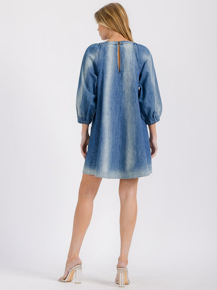 WOMEN'S 3/4 SLEEVE FRONT POCKETS WASHED TUNIC DENIM MINI DRESS