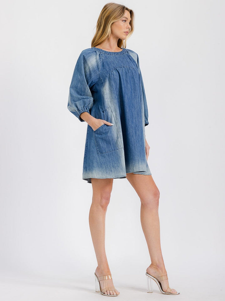 WOMEN'S 3/4 SLEEVE FRONT POCKETS WASHED TUNIC DENIM MINI DRESS