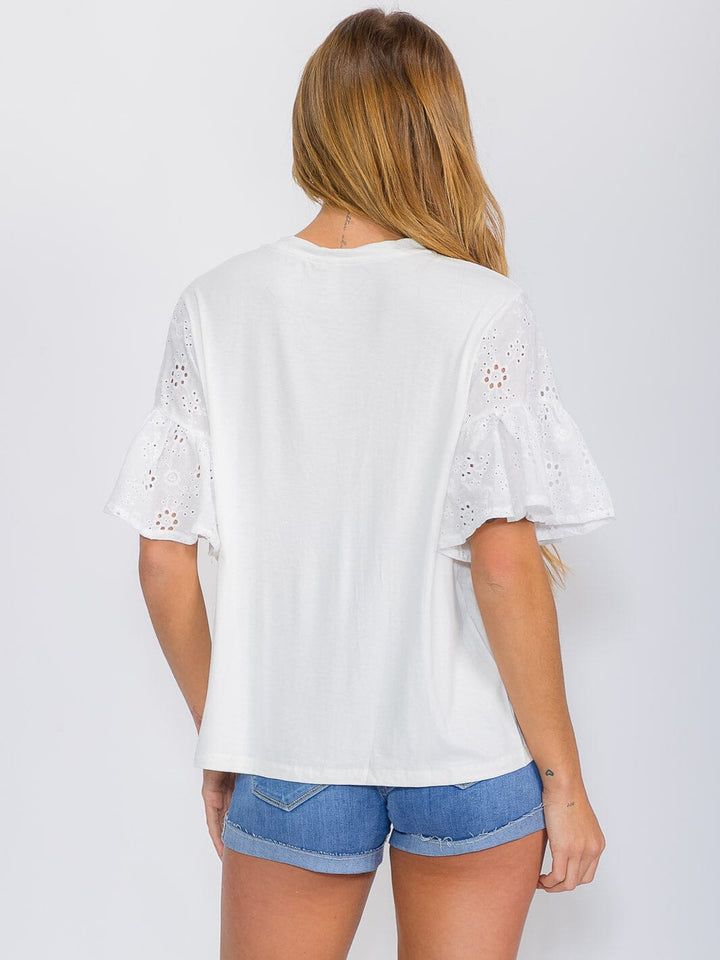 WOMEN'S SHORT RUFFLE SLEEVE EYELET DETAILED BLOUSE