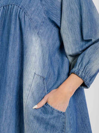 WOMEN'S 3/4 SLEEVE FRONT POCKETS WASHED TUNIC DENIM MINI DRESS