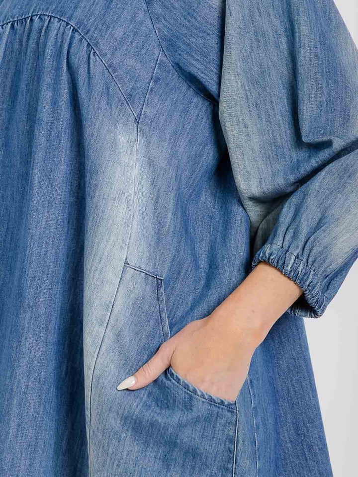 WOMEN'S 3/4 SLEEVE FRONT POCKETS WASHED TUNIC DENIM MINI DRESS