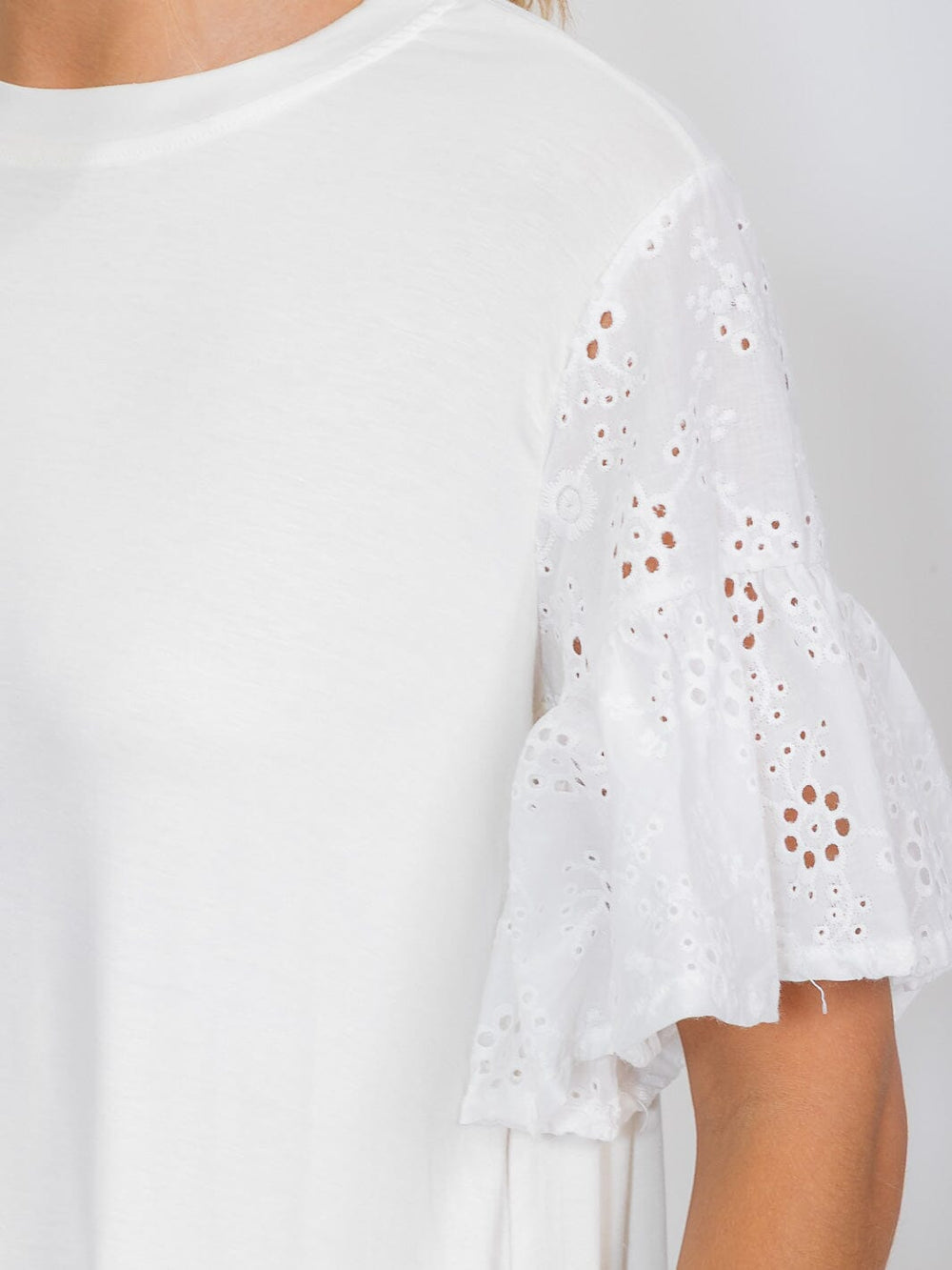 WOMEN'S SHORT RUFFLE SLEEVE EYELET DETAILED BLOUSE