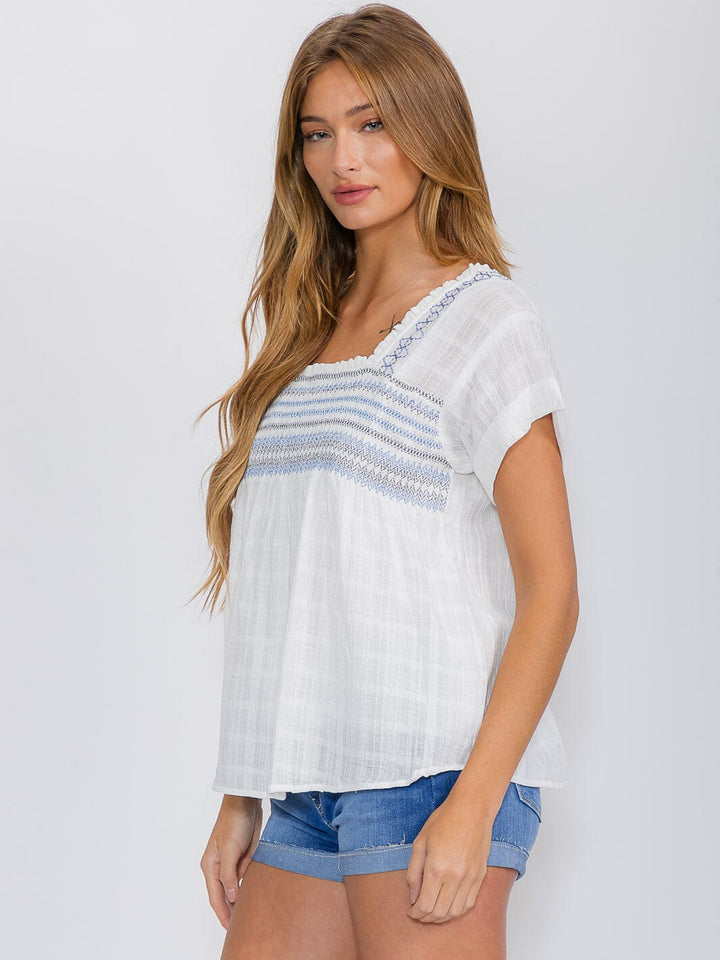 WOMEN'S SHORT SLEEVE SQUARE NECK EMBROIDERY TUNIC BLOUSE