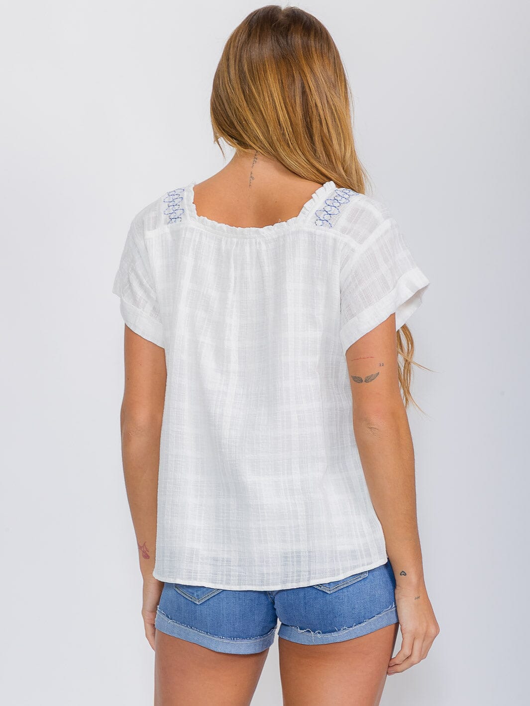 WOMEN'S SHORT SLEEVE SQUARE NECK EMBROIDERY TUNIC BLOUSE