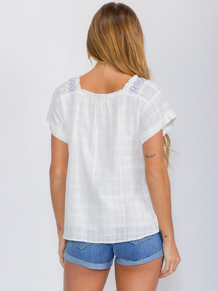 WOMEN'S SHORT SLEEVE SQUARE NECK EMBROIDERY TUNIC BLOUSE
