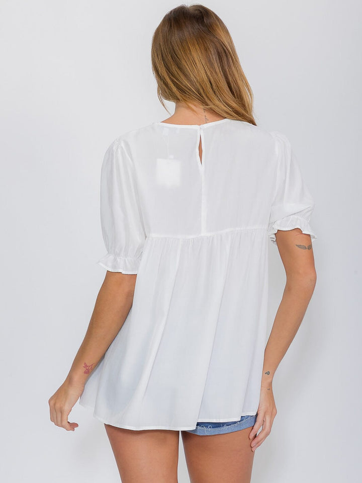 WOMEN'S SHORT SLEEVE CROCHET DETAILED TUNIC BLOUSE